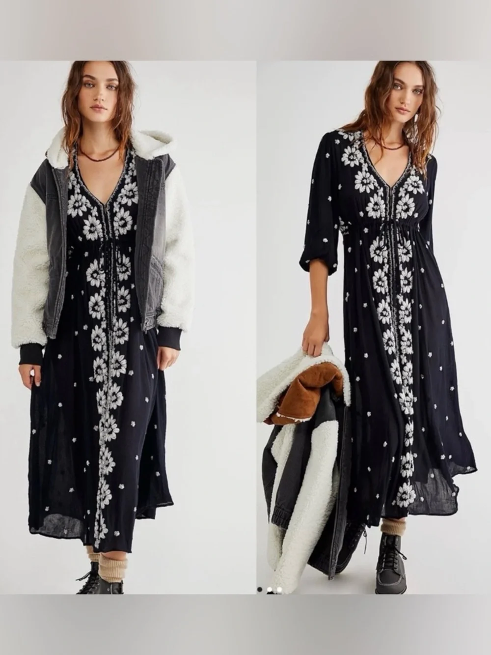 Free People Embroidered Fable V-Neck‎ Empire Waist Midi Dress Black Size Small